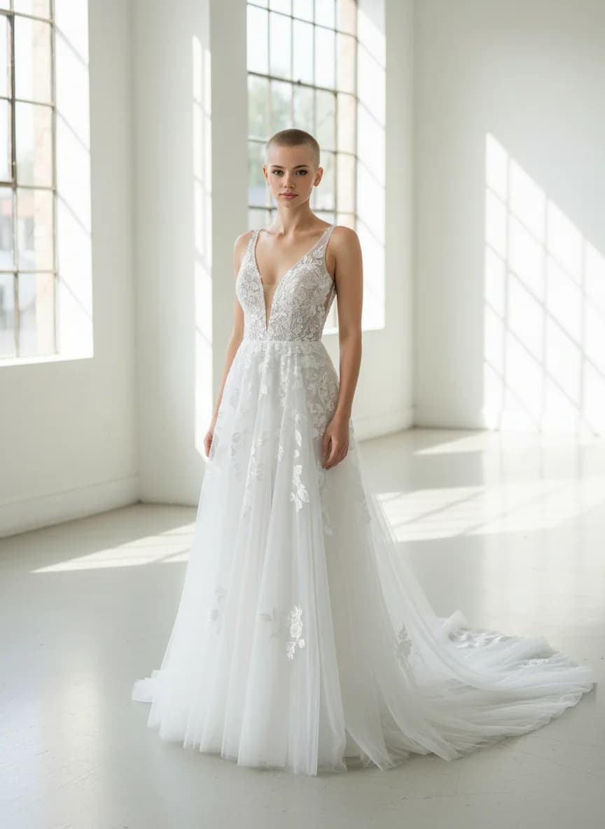 A-Line dress with Chapel Train and Plunge neckline