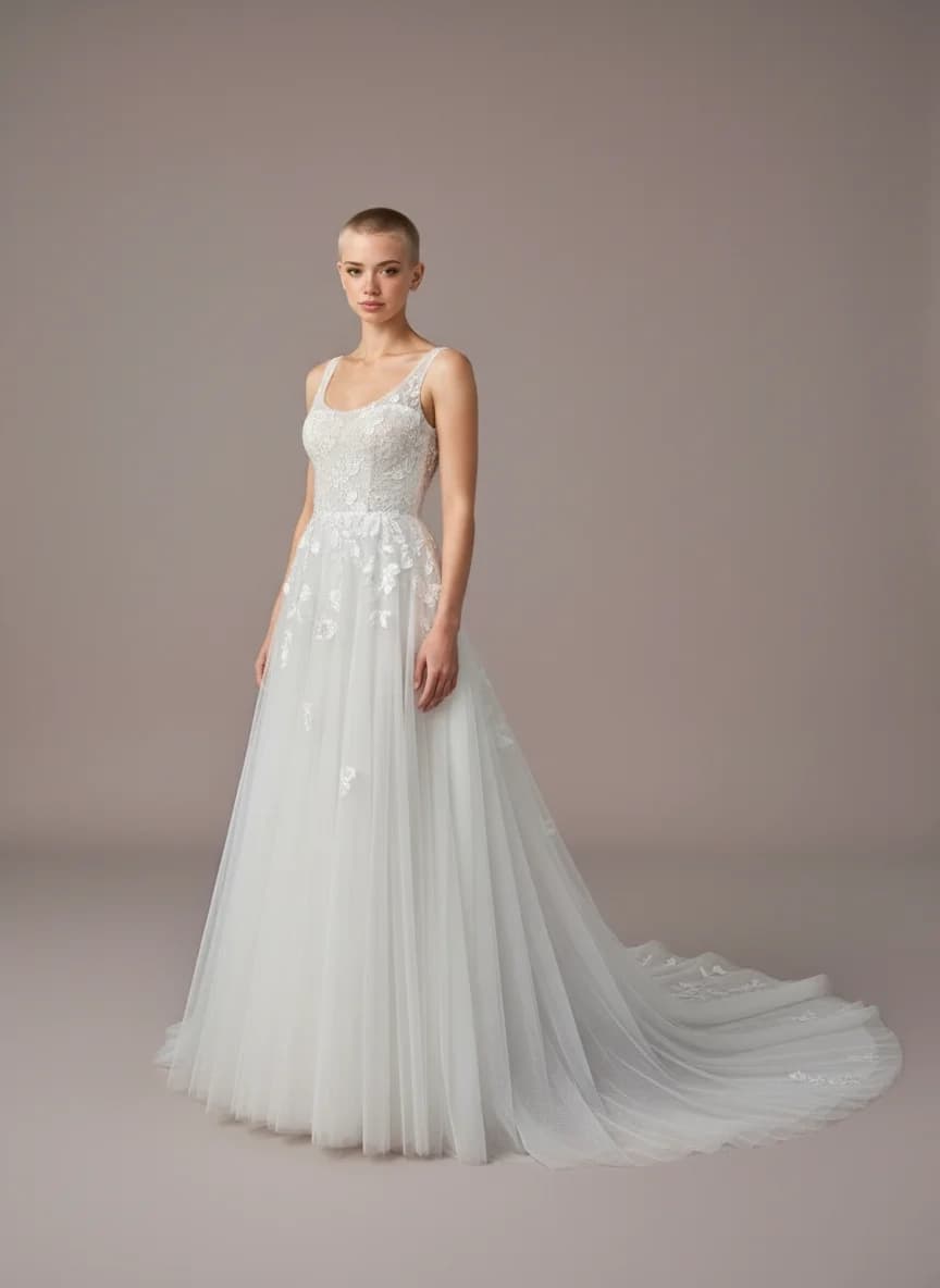 A-Line dress with Chapel Train and Scoop neckline