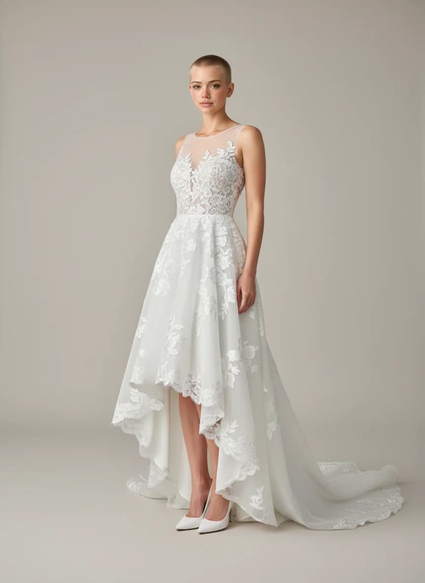 A-Line dress with High-Low and Illusion neckline