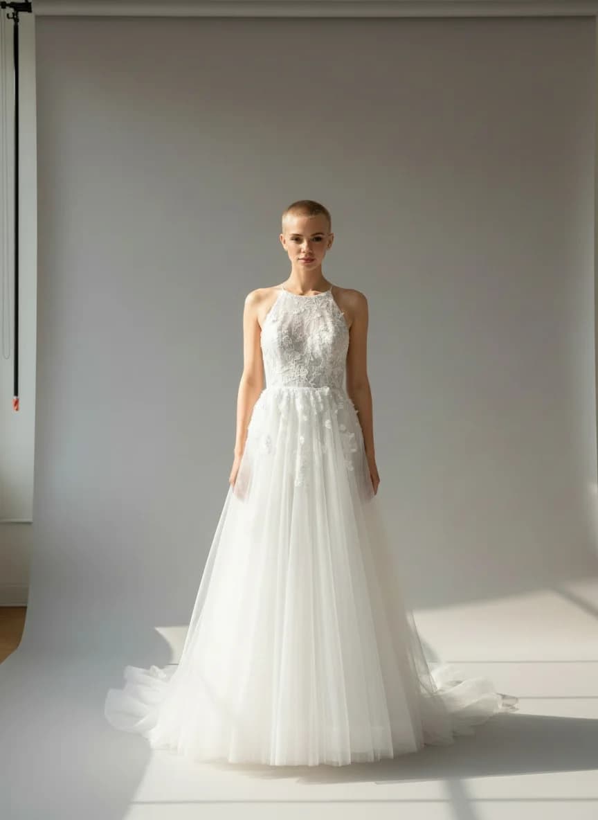 A-Line dress with Sweep Train and Halter neckline