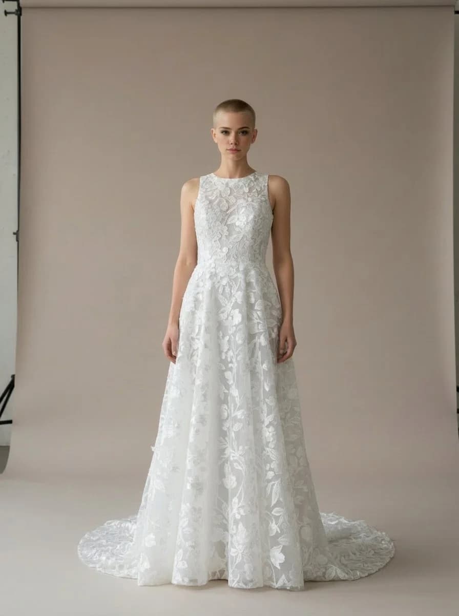 A-Line dress with Sweep Train and High Neckline neckline