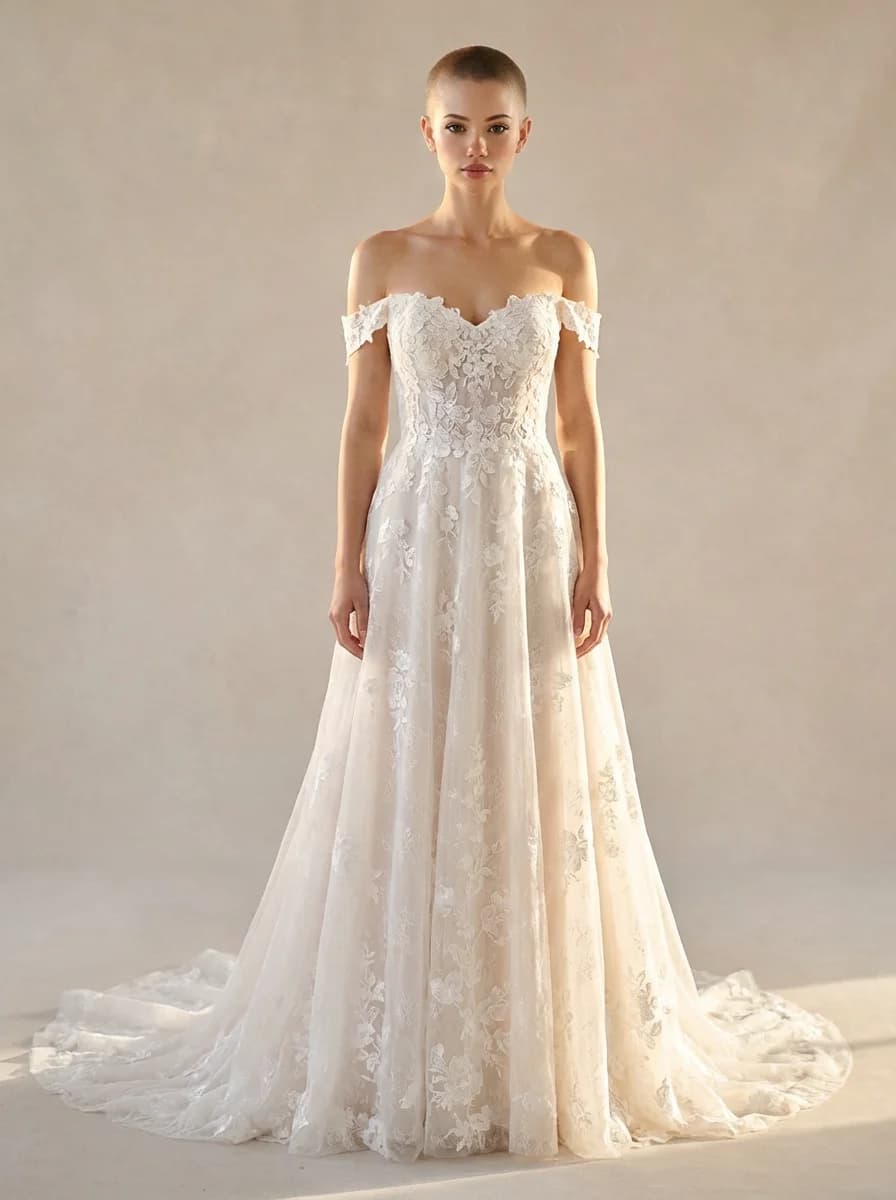 A-Line dress with Sweep Train and Off Shoulder neckline