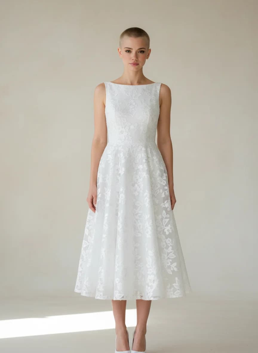 A-Line dress with Tea Length and Boat Neck neckline