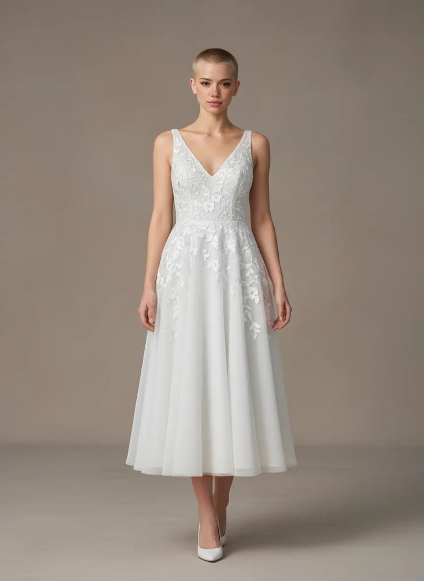 A-Line dress with Tea Length and V-Neck neckline
