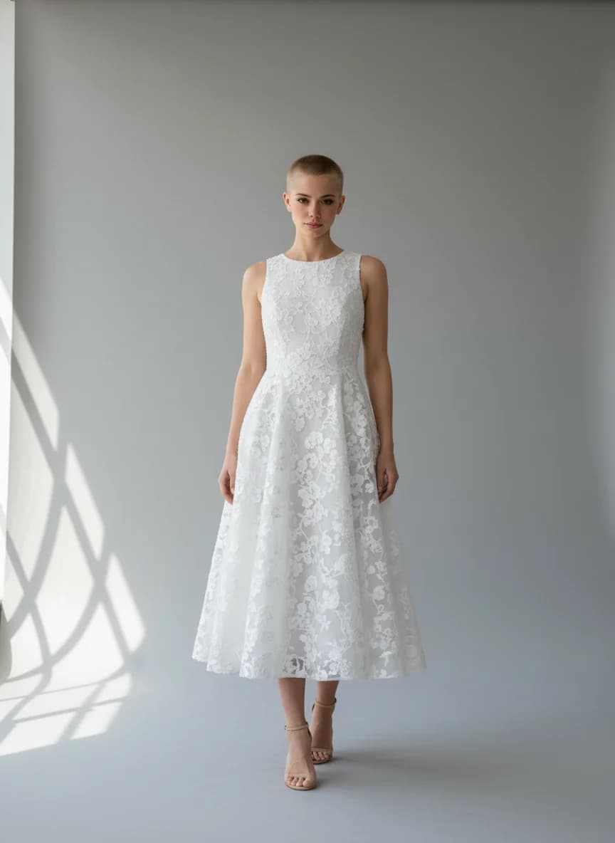 A-Line dress with Tea Length and High Neckline neckline