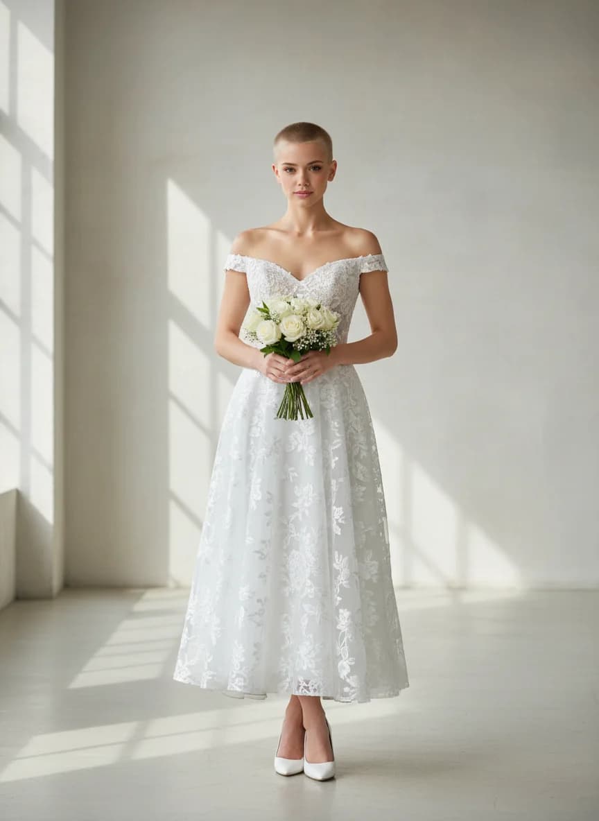 A-Line dress with Tea Length and Off Shoulder neckline