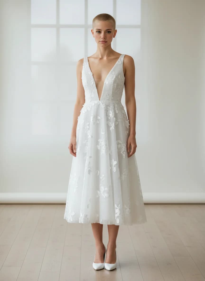 A-Line dress with Tea Length and Plunge neckline