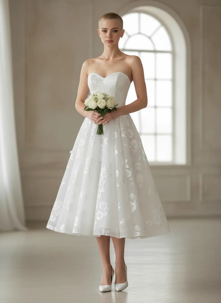 A-Line dress with Tea Length and Strapless neckline