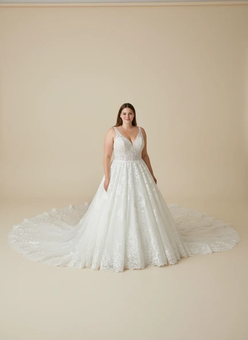 Ball Gown dress with Cathedral Train and V-Neck neckline