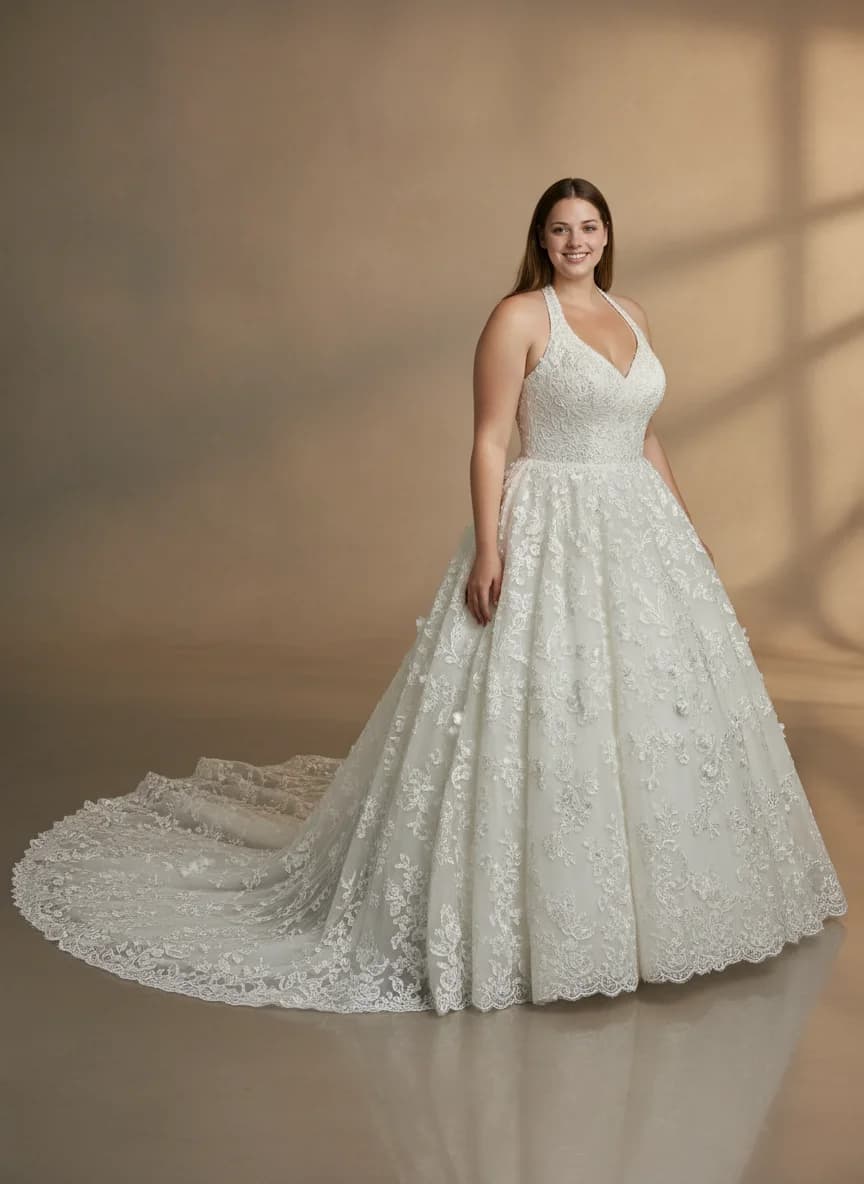 Ball Gown dress with Cathedral Train and Halter neckline