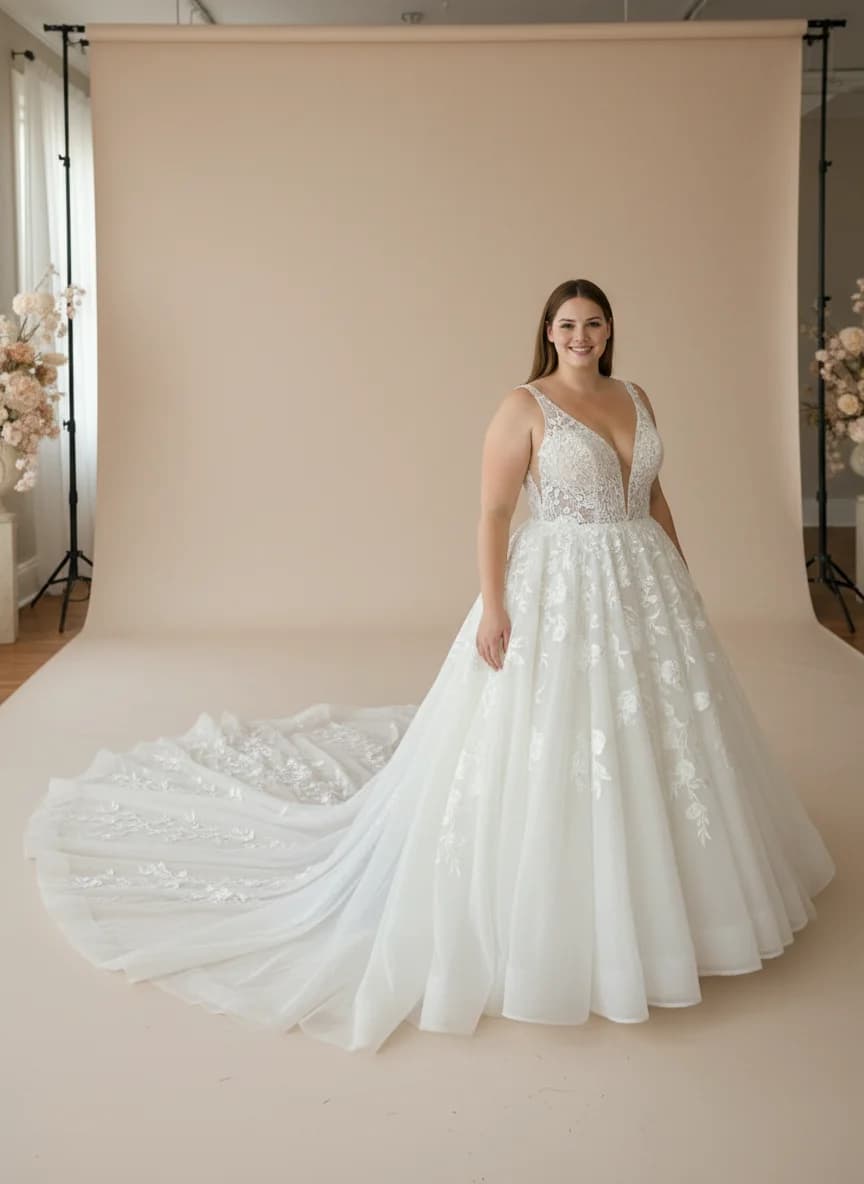 Ball Gown dress with Cathedral Train and Plunge neckline