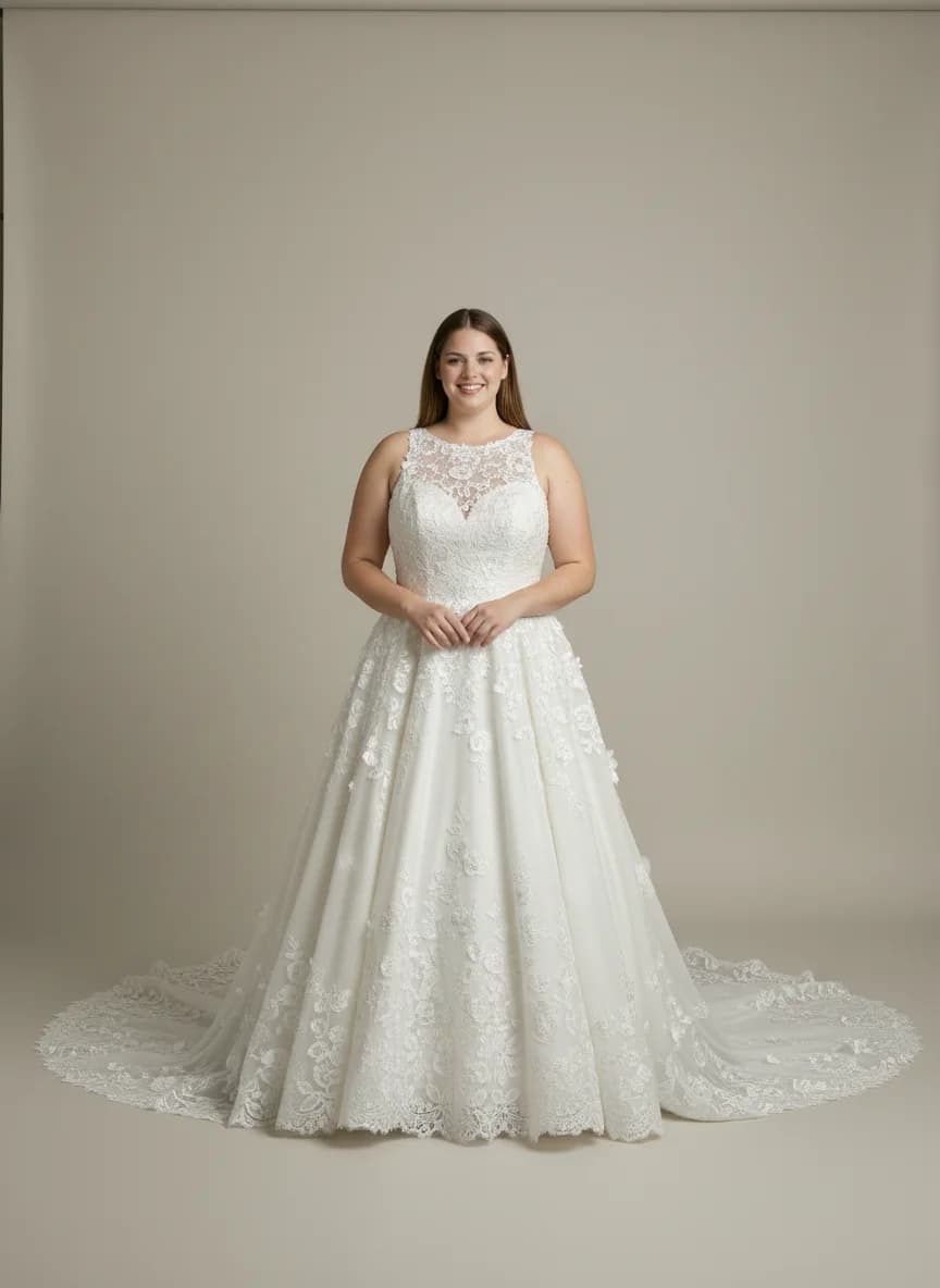 Ball Gown dress with Chapel Train and High Neckline neckline