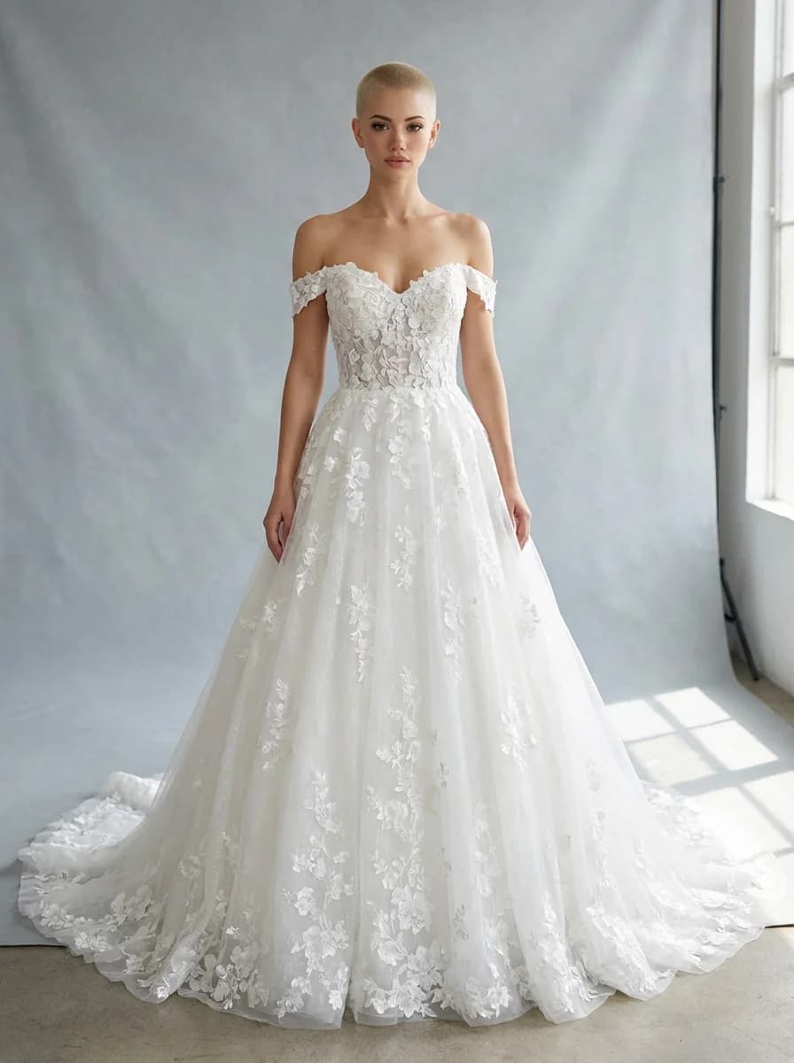 Ball Gown dress with Sweep Train and Off Shoulder neckline