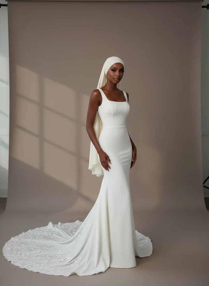 Column dress with Cathedral Train and Square neckline