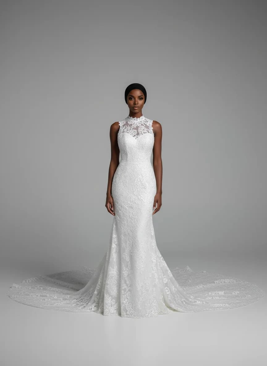 Column dress with Cathedral Train and Illusion neckline