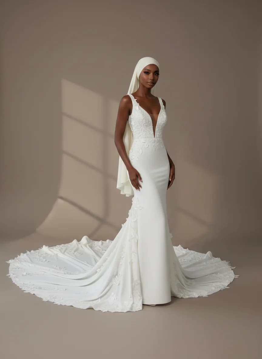 Column dress with Cathedral Train and Plunge neckline