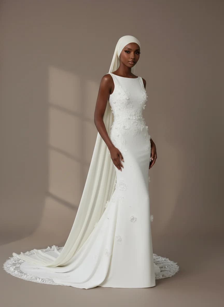 Column dress with Chapel Train and Boat Neck neckline