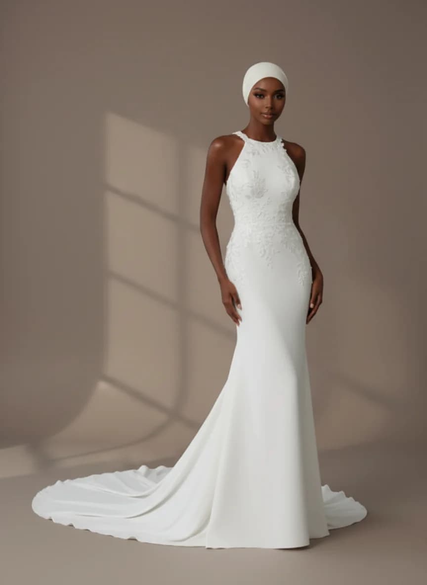 Column dress with Chapel Train and Halter neckline