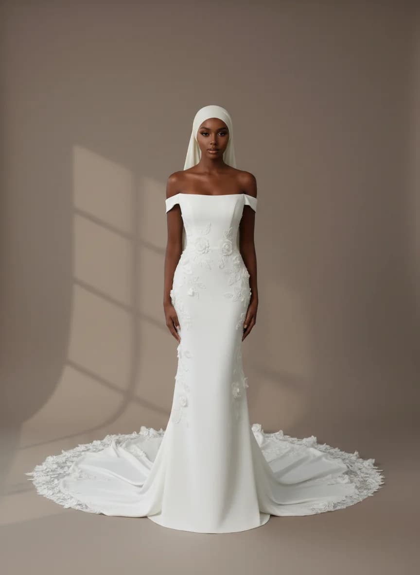 Column dress with Chapel Train and Off Shoulder neckline