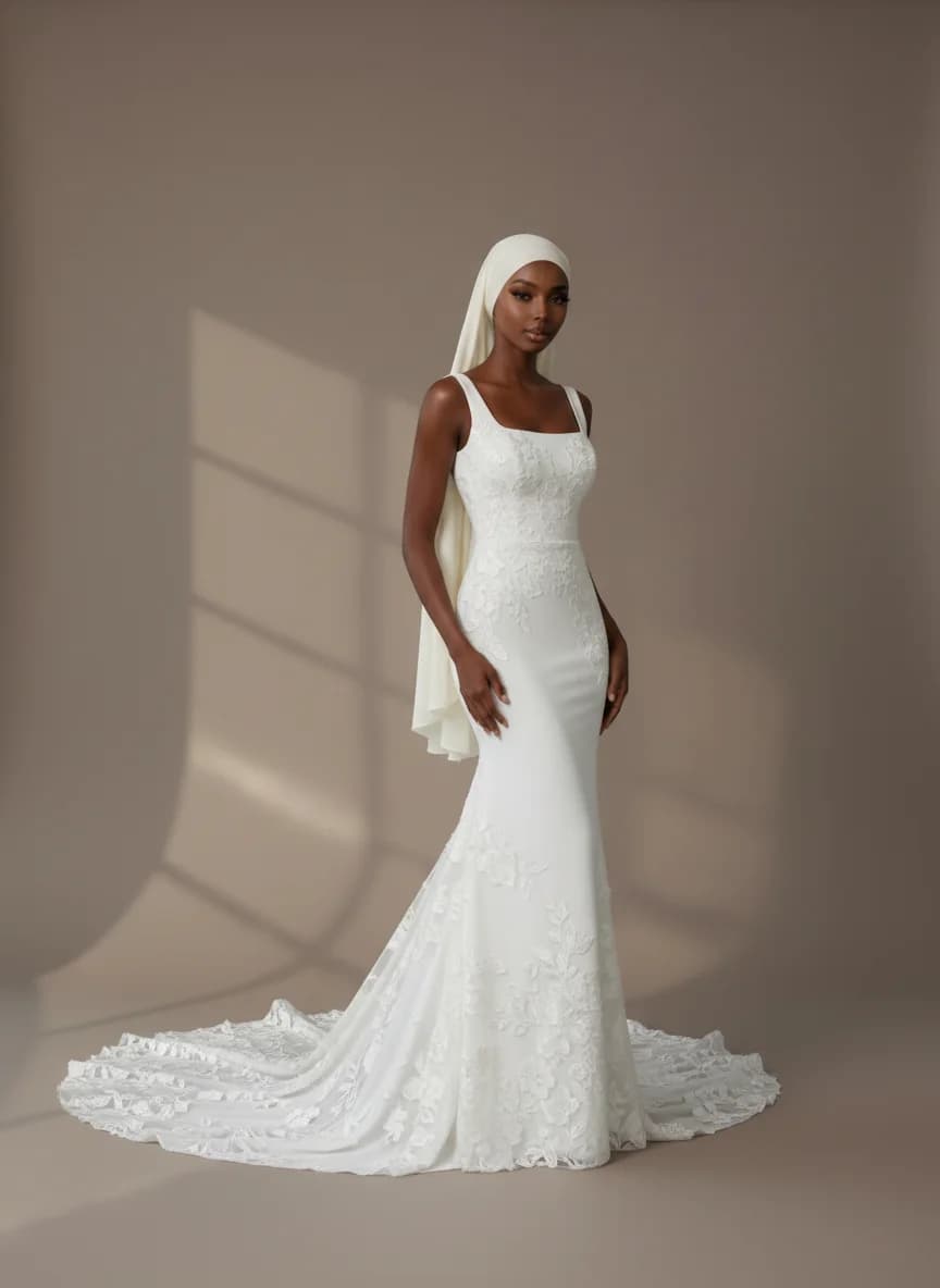 Column dress with Chapel Train and Square neckline