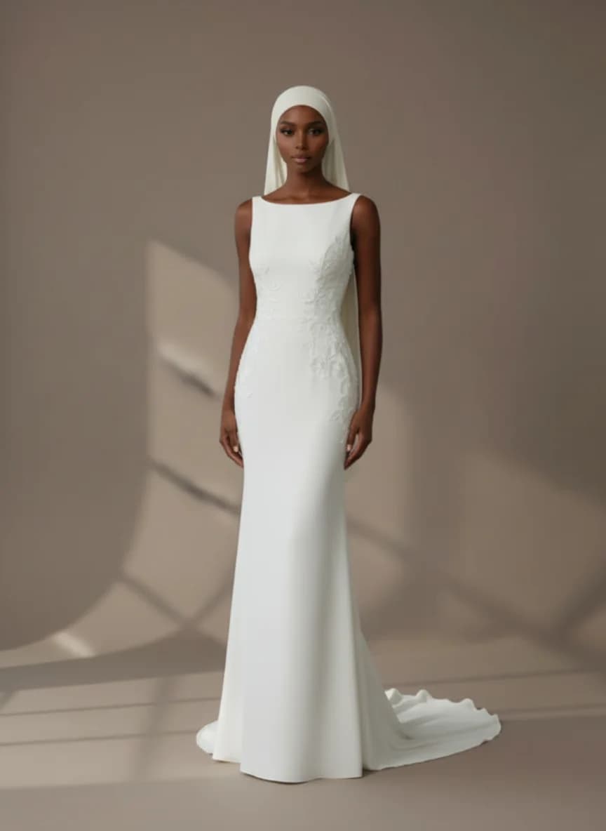 Column dress with Sweep Train and Boat Neck neckline