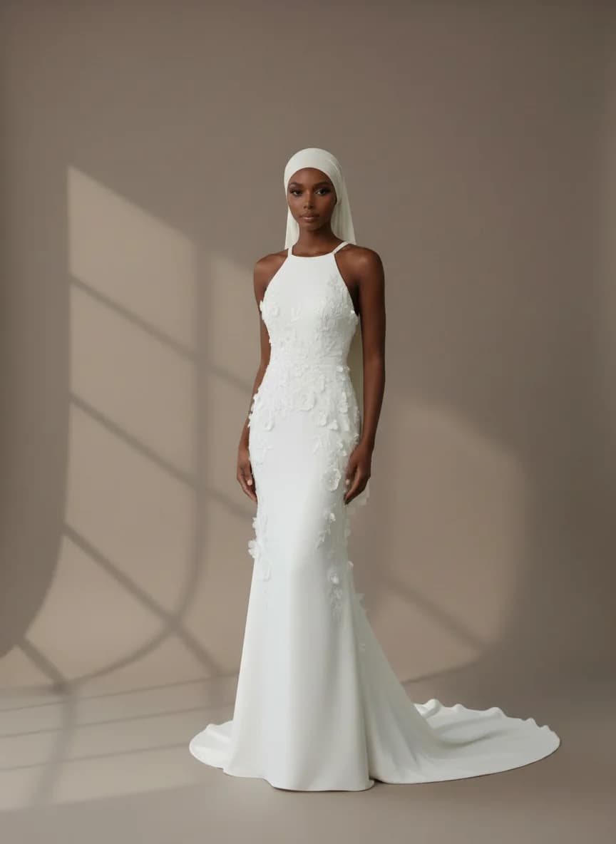 Column dress with Sweep Train and Halter neckline