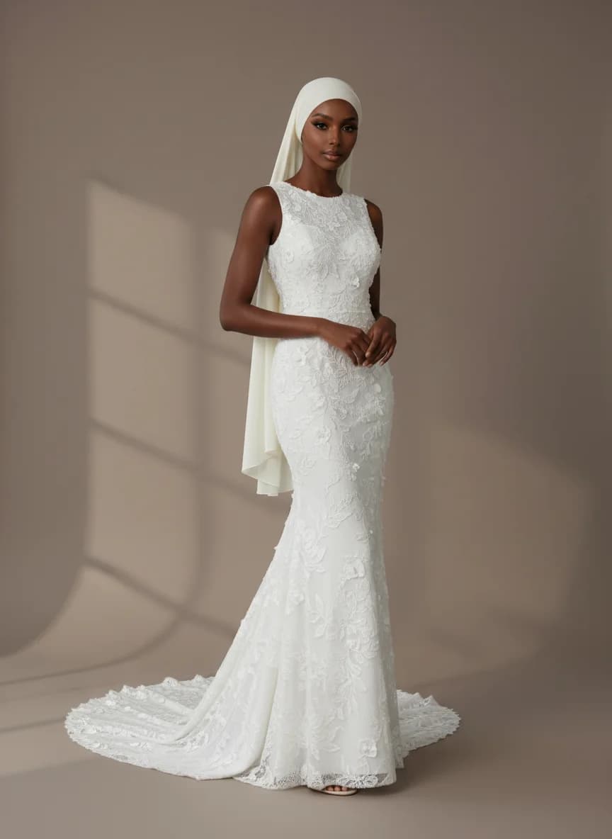 Column dress with Sweep Train and High Neckline neckline