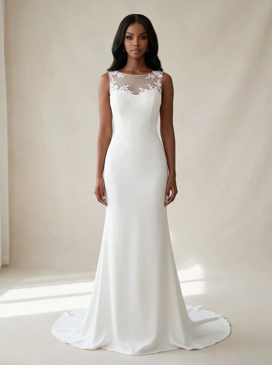 Column dress with Sweep Train and Illusion neckline