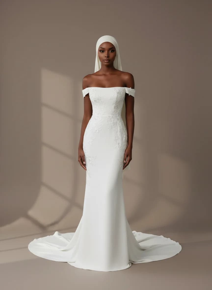 Column dress with Sweep Train and Off Shoulder neckline