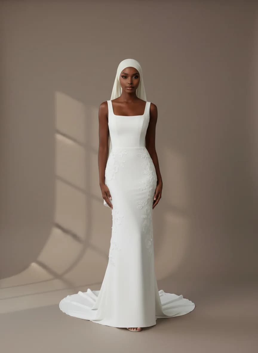 Column dress with Sweep Train and Square neckline