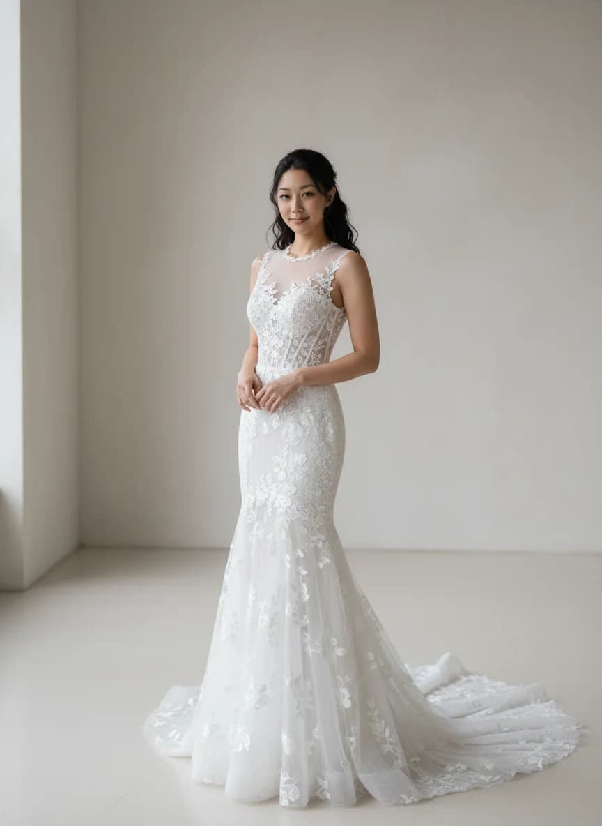 Corset dress with Chapel Train and High Neckline neckline