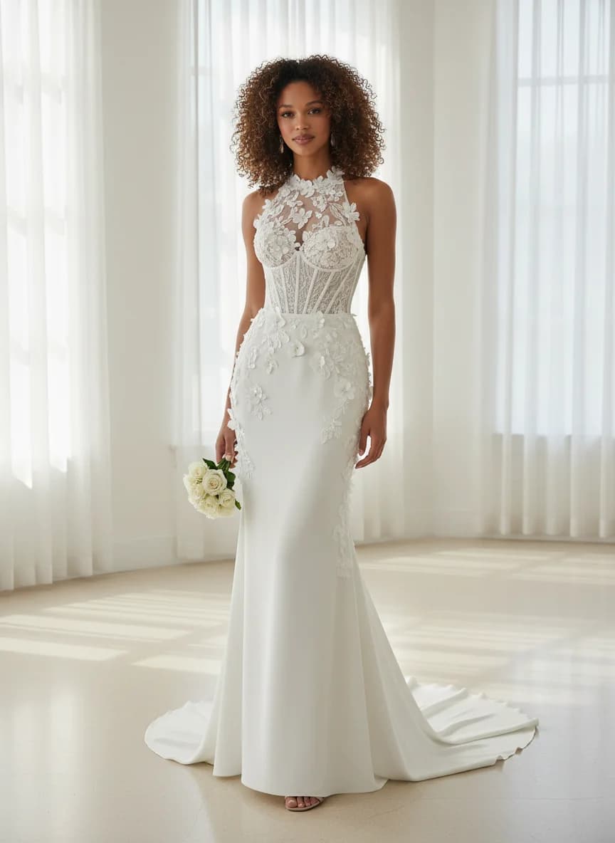 Corset dress with Sweep Train and High Neckline neckline