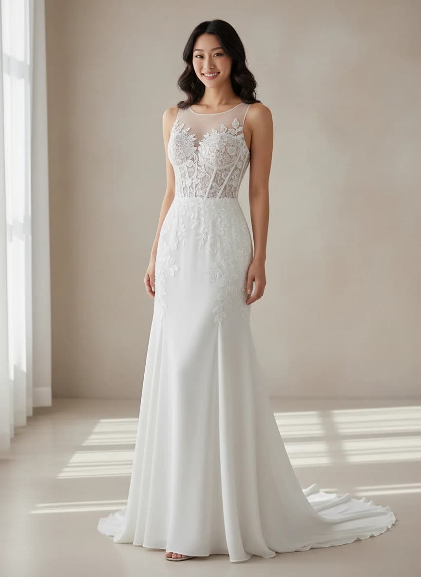 Corset dress with Sweep Train and Illusion neckline