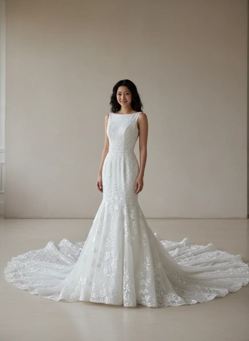 Drop Waist dress with Cathedral Train and Boat Neck neckline