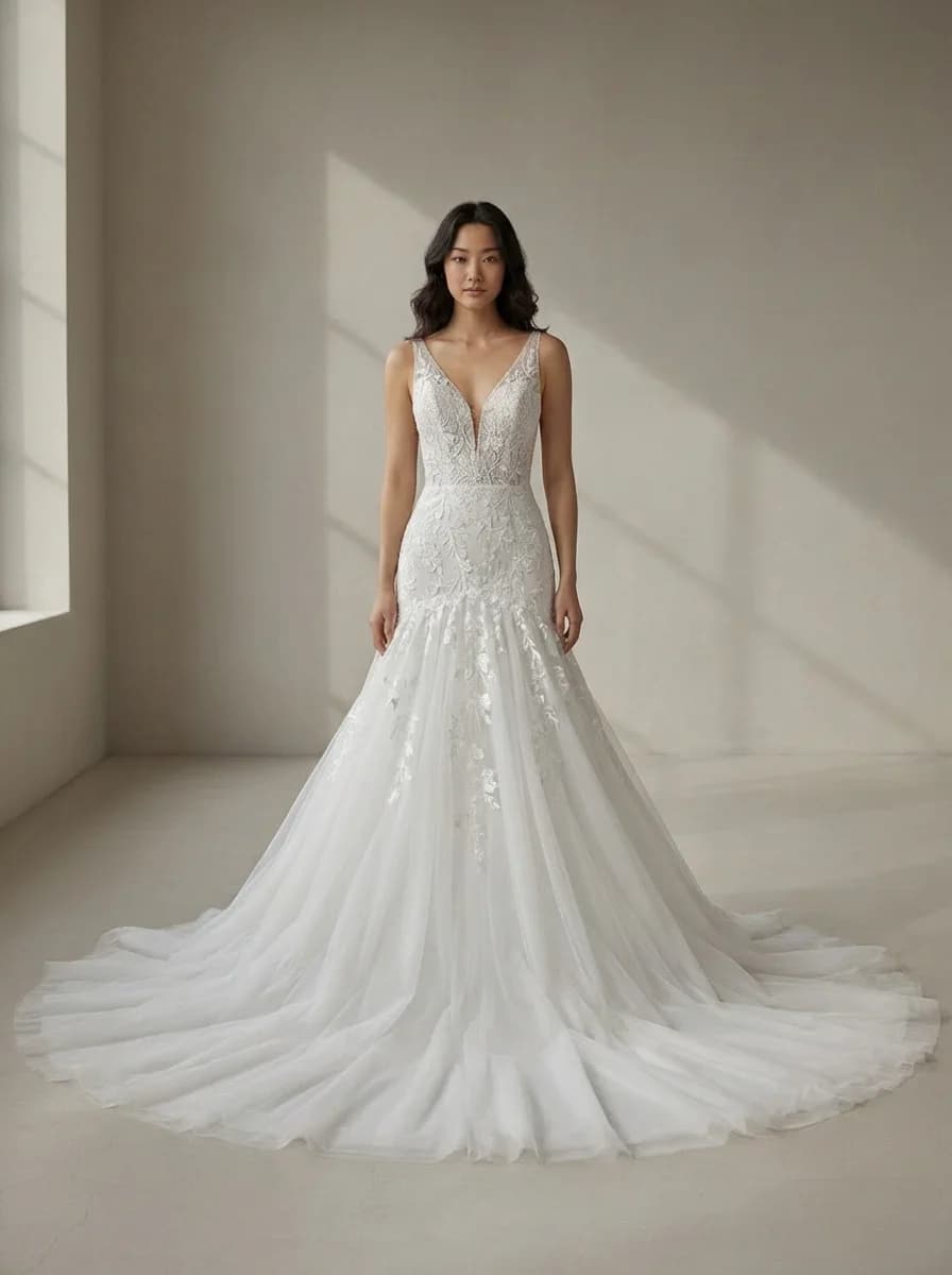 Drop Waist dress with Cathedral Train and V-Neck neckline