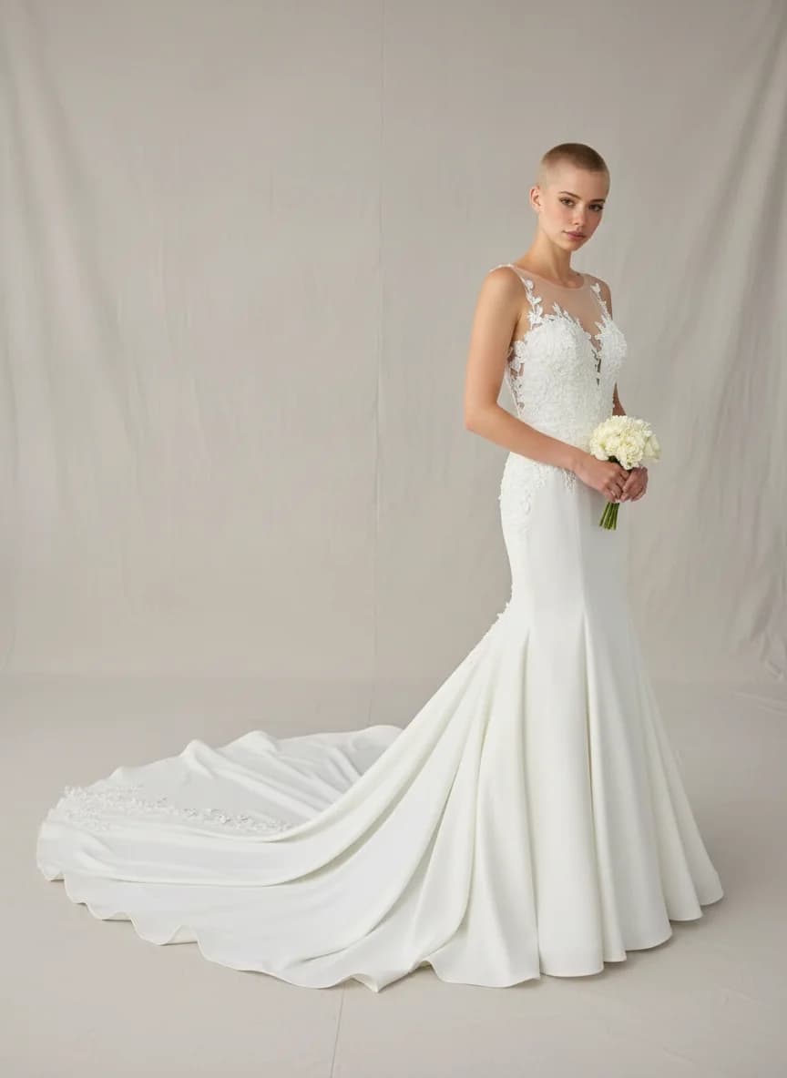 Drop Waist dress with Cathedral Train and Illusion neckline