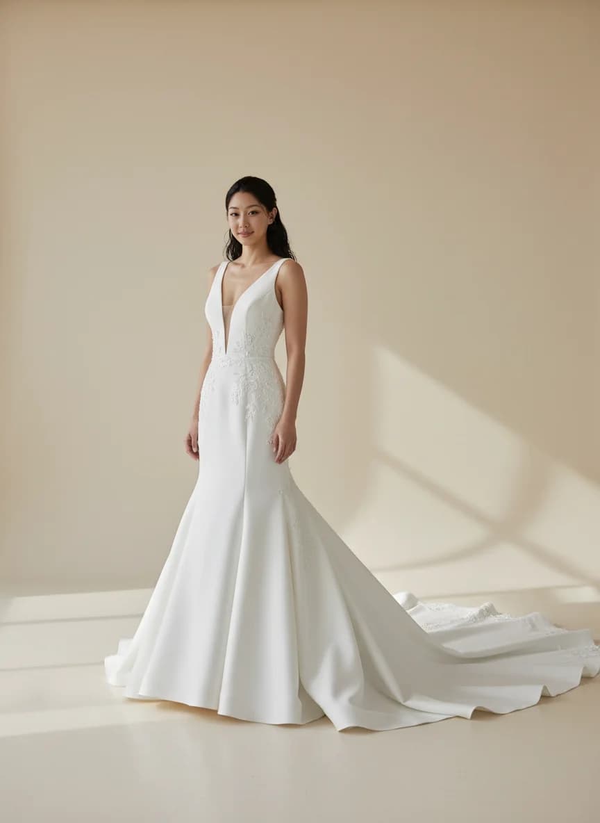 Drop Waist dress with Cathedral Train and Plunge neckline