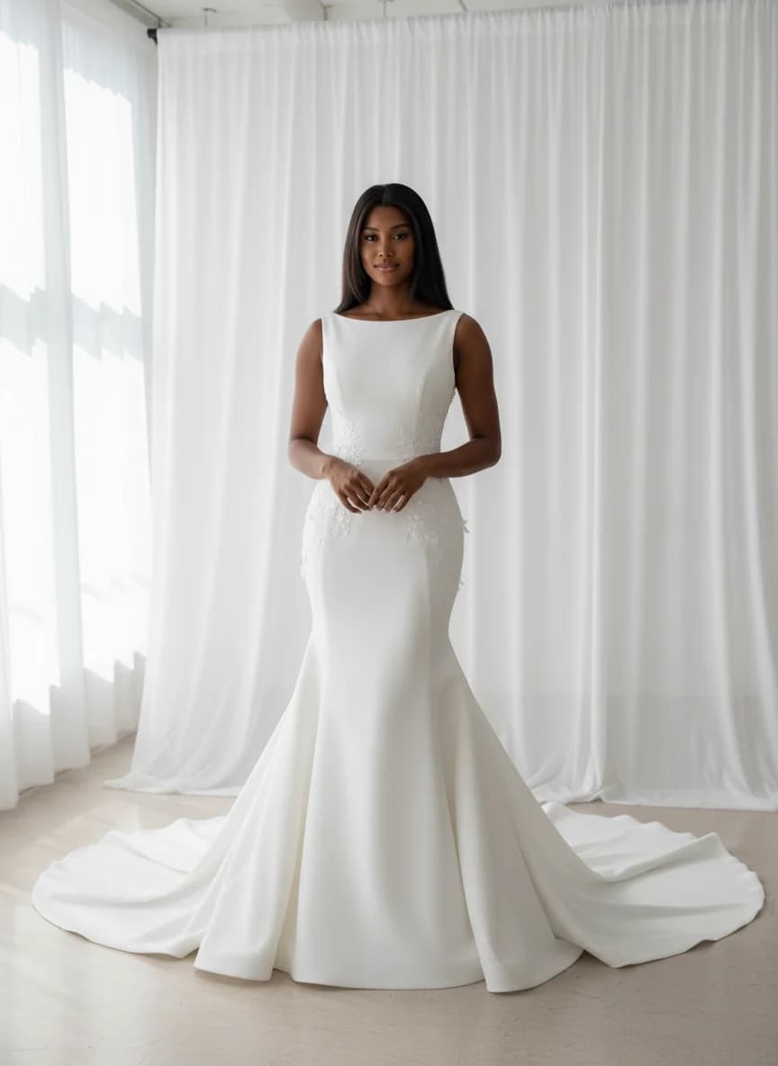 Drop Waist dress with Chapel Train and Boat Neck neckline