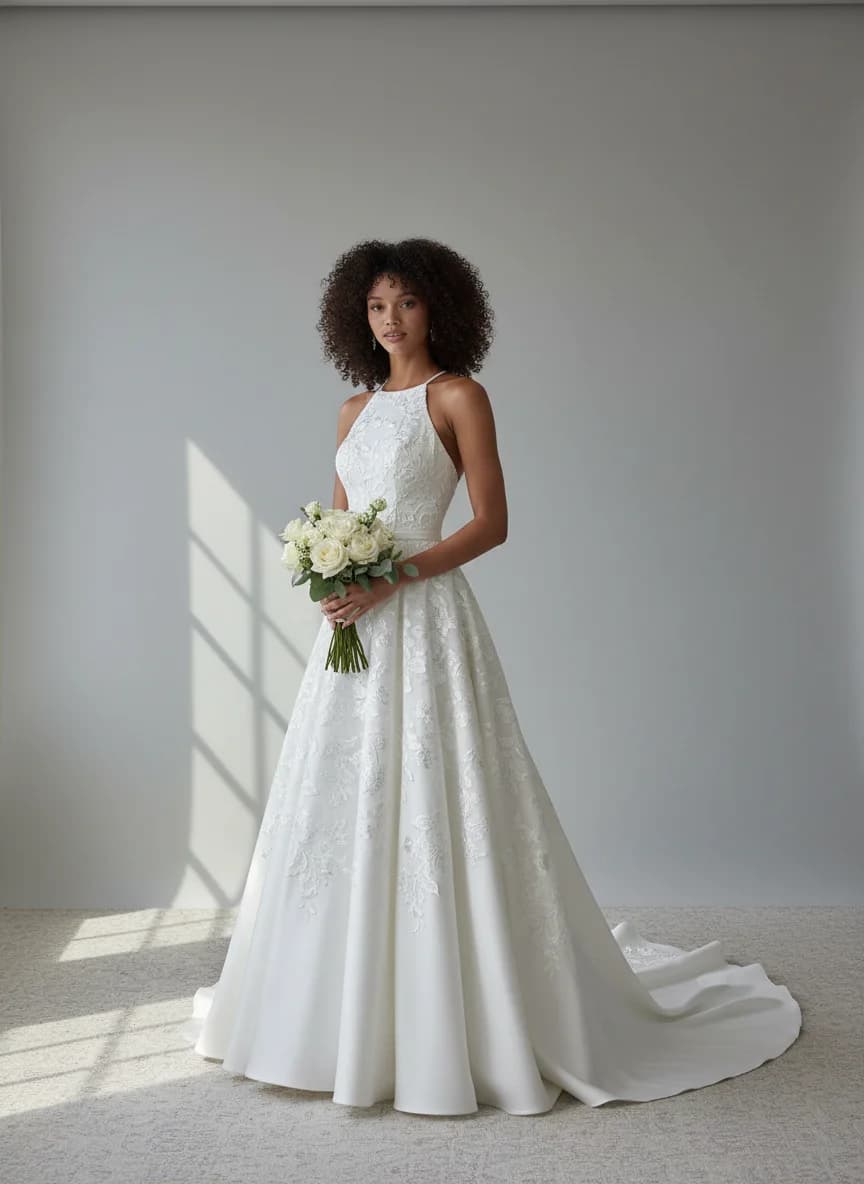 Drop Waist dress with Chapel Train and Halter neckline