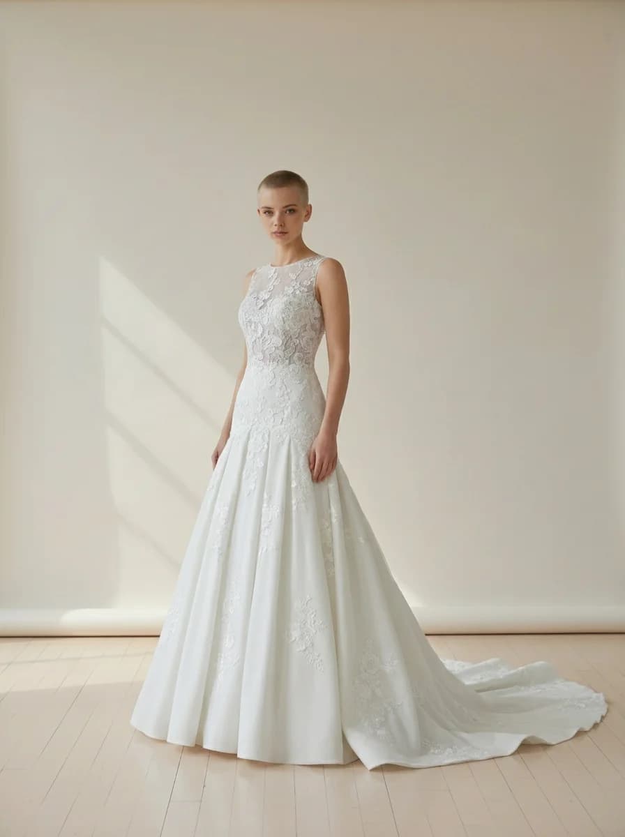 Drop Waist dress with Chapel Train and High Neckline neckline