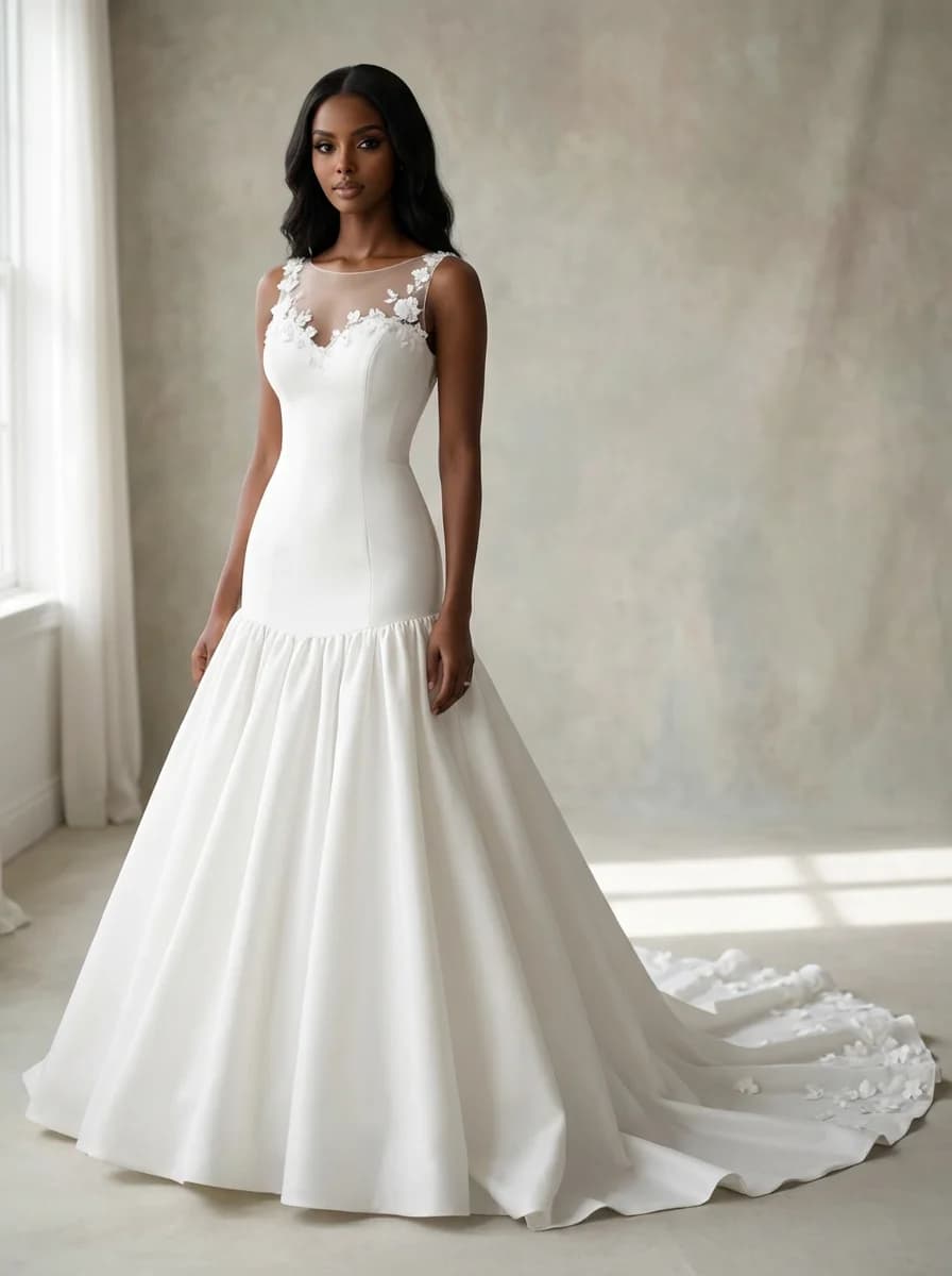 Drop Waist dress with Chapel Train and Illusion neckline