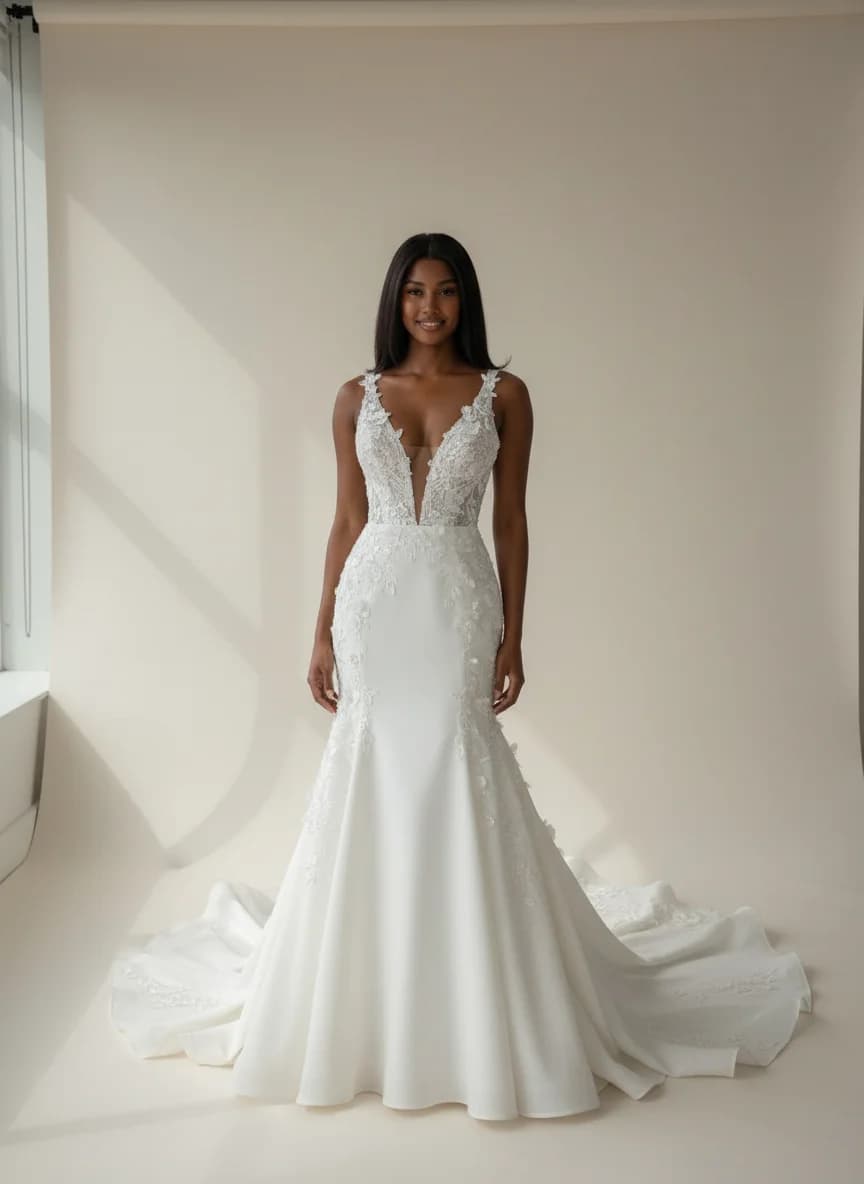 Drop Waist dress with Chapel Train and Plunge neckline