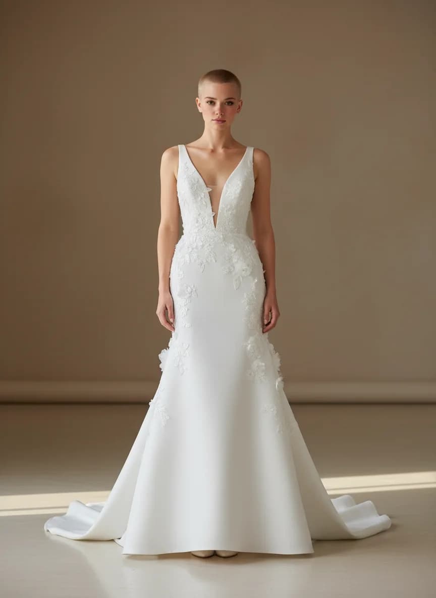 Drop Waist dress with Sweep Train and V-Neck neckline