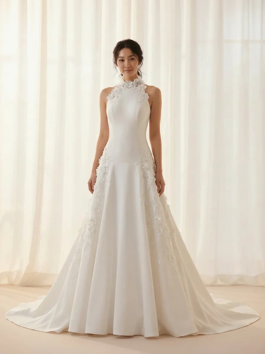 Drop Waist dress with Sweep Train and High Neckline neckline