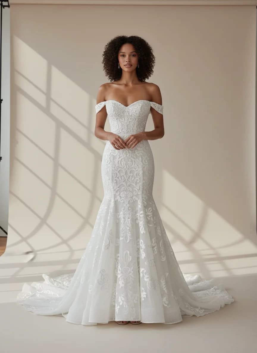 Drop Waist dress with Sweep Train and Off Shoulder neckline