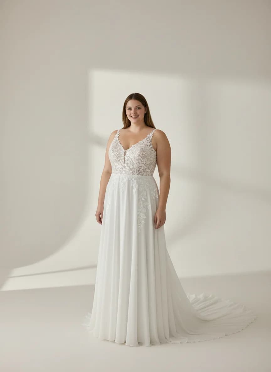 Empire Waist dress with Cathedral Train and V-Neck neckline