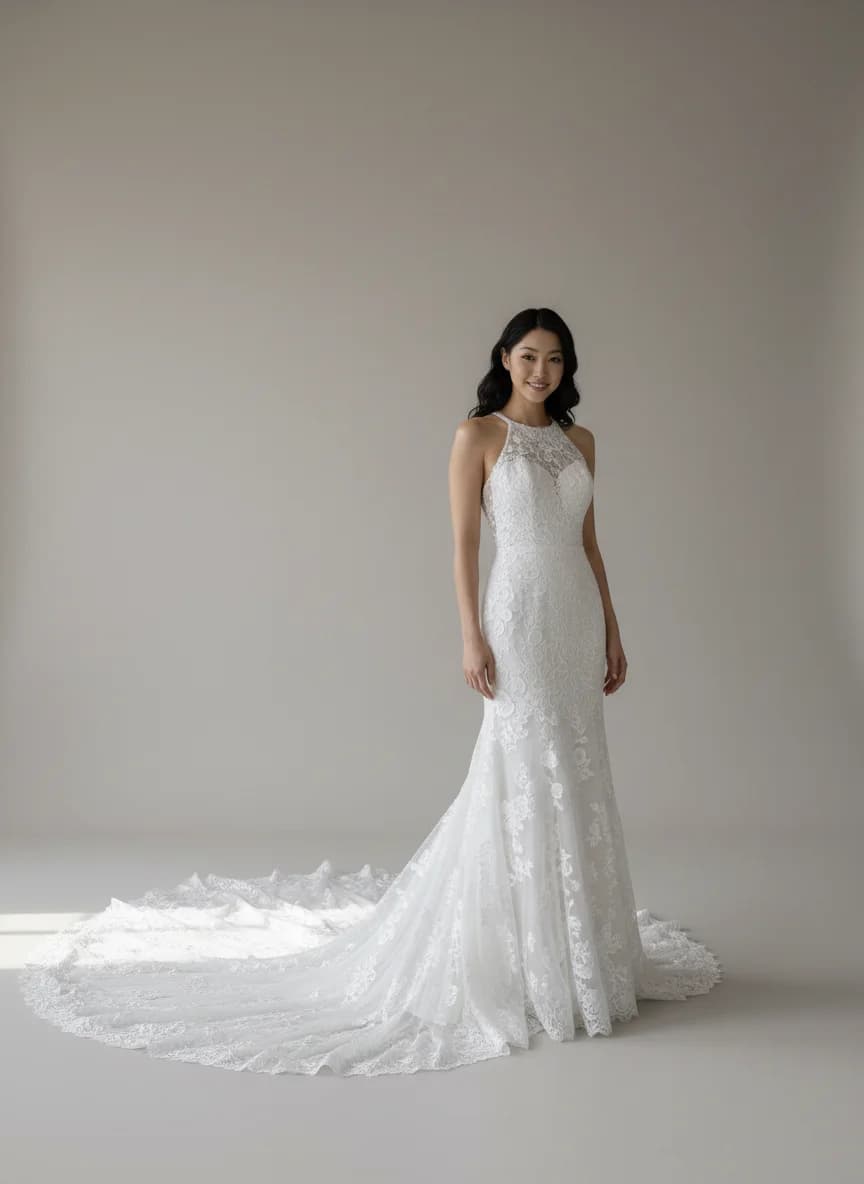 Empire Waist dress with Cathedral Train and Halter neckline