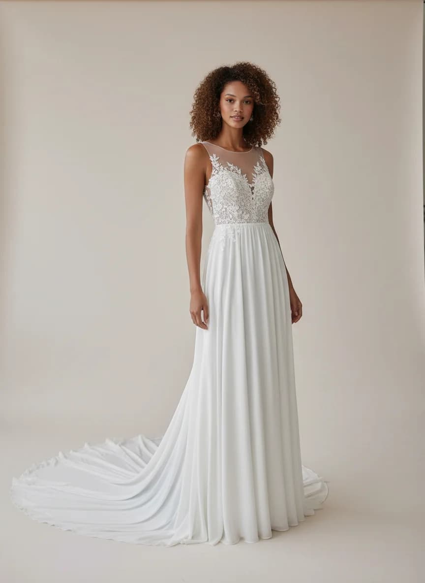 Empire Waist dress with Cathedral Train and Illusion neckline