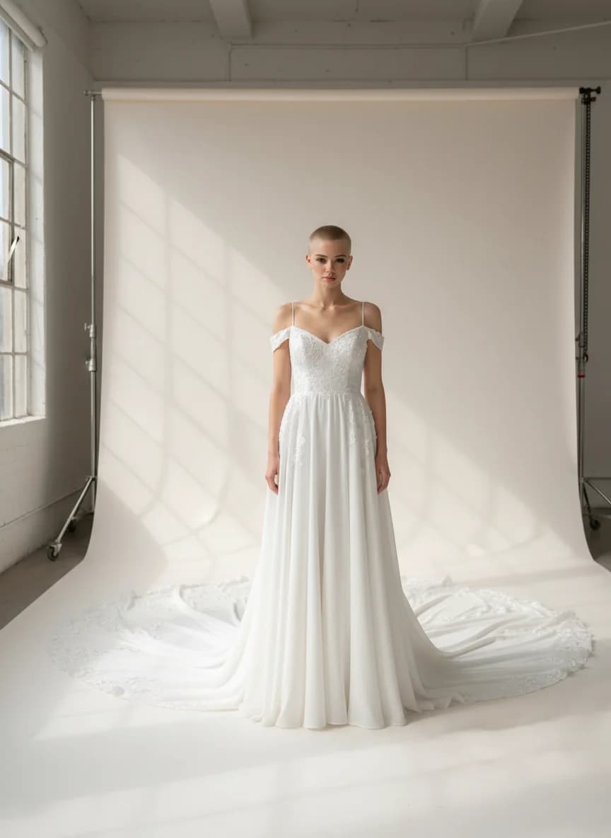 Empire Waist dress with Cathedral Train and Off Shoulder neckline