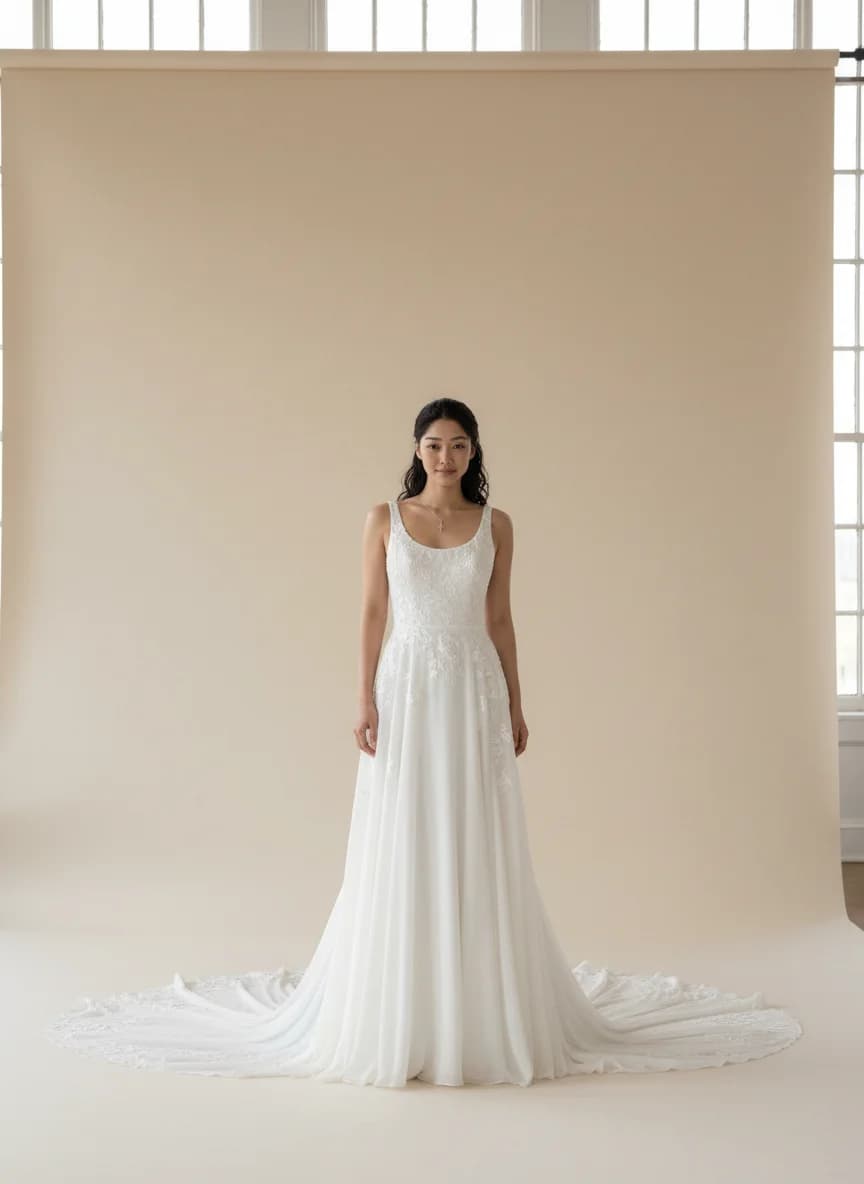 Empire Waist dress with Cathedral Train and Scoop neckline